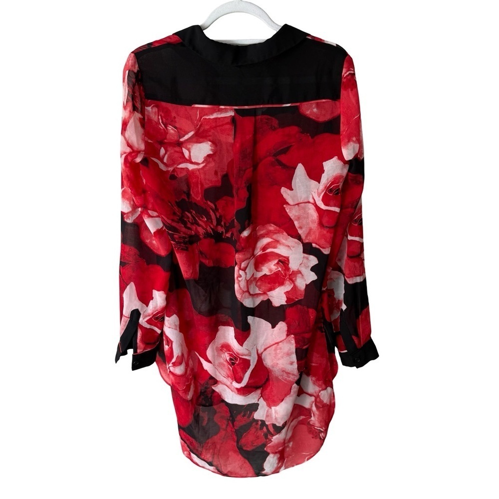 Melanie Lyne Floral Red and Black Women's Sheer Blouse Size 2 Oversized Tunic - Picture 2 of 9